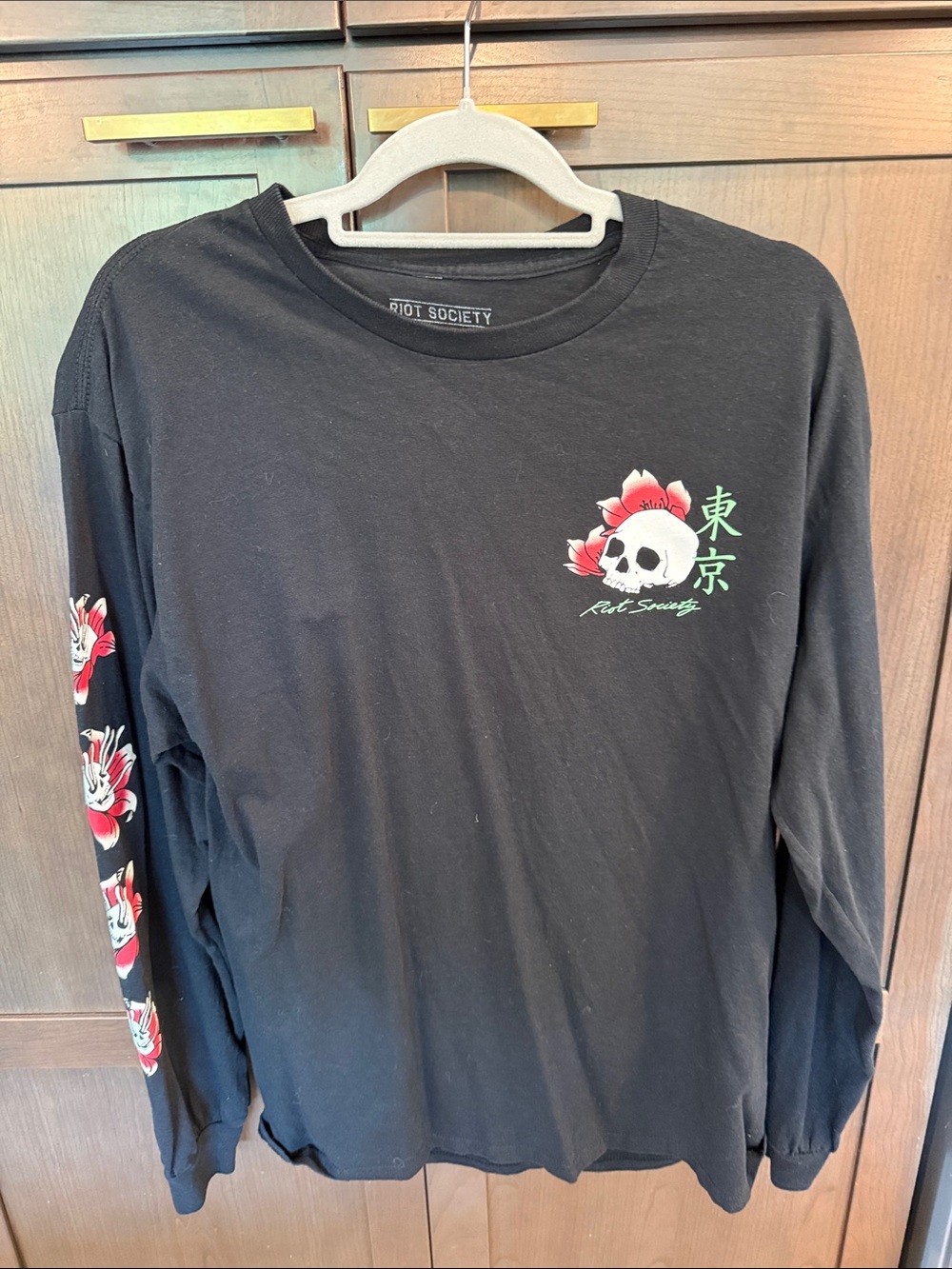 Riot Society Black Long Sleeve Tee with Red Floral Skull